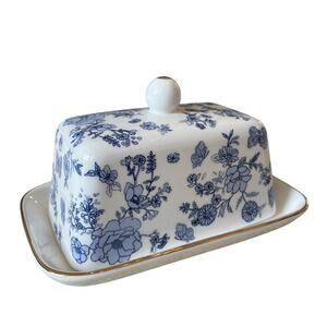 Grace Teaware Porcelain Butter Dish w/ Lid Blue Floral Butterflies Gold Trim New
